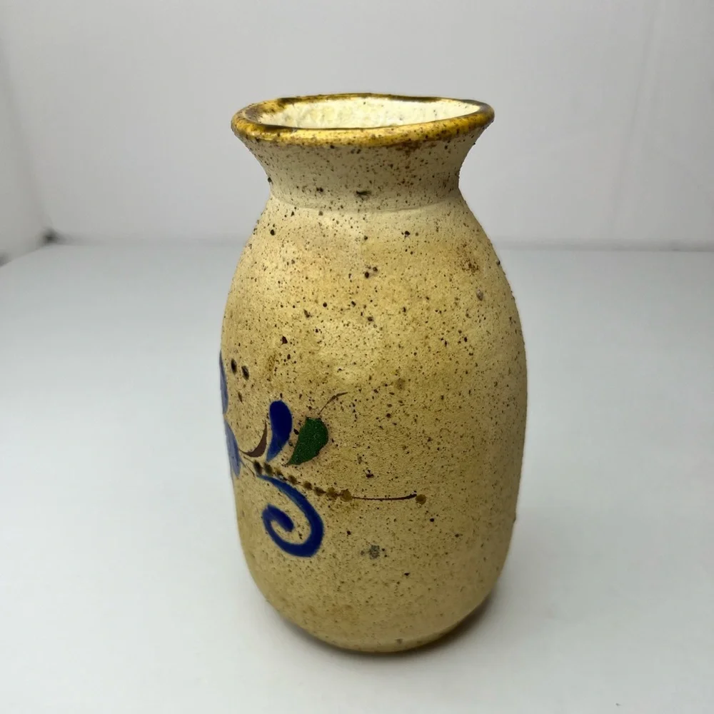 Hand Painted Tonala Floral‎ Pottery Blue Flower Gold Rim Mexico Vase 4”